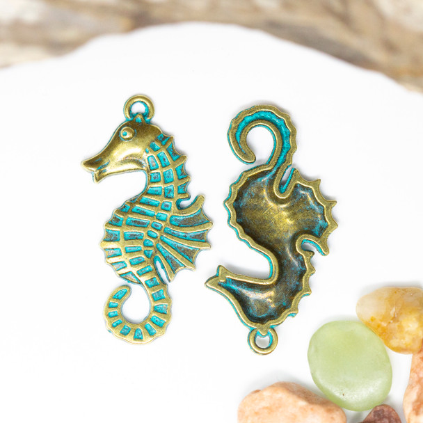 Alloy Green Patina Antique Brass 38x20mm Sea Horse Pendant