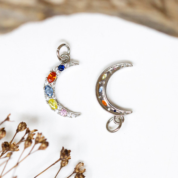 Silver Plated Micro Pave 17x10mm Multi Color Moon Charm