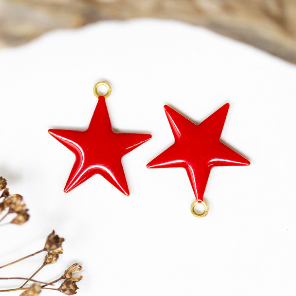 Gold Plated Enamel 18mm Red Star Charm