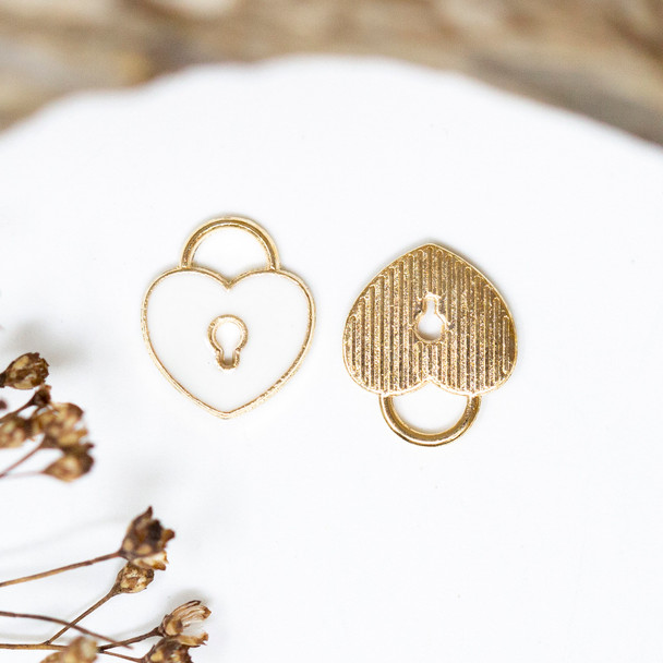 Gold Plated Enamel 13x11mm White Heart Lock Charm