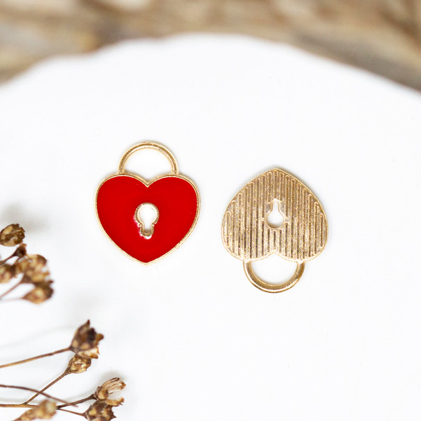 Gold Plated Enamel 13x11mm Red Heart Lock Charm