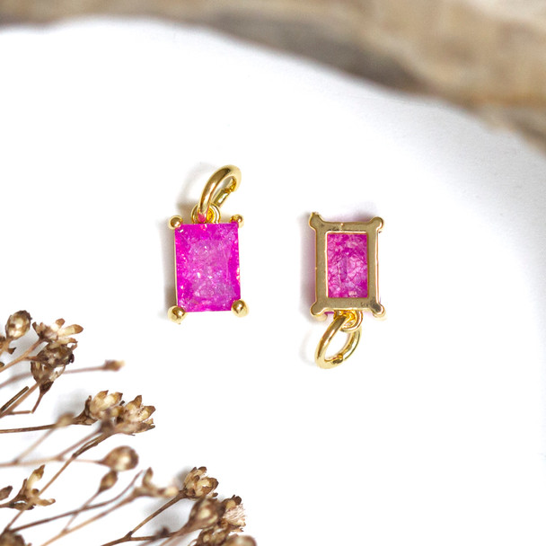 Gold Plated Micro Pave 10x6mm Hot Pink Rectangle Charm