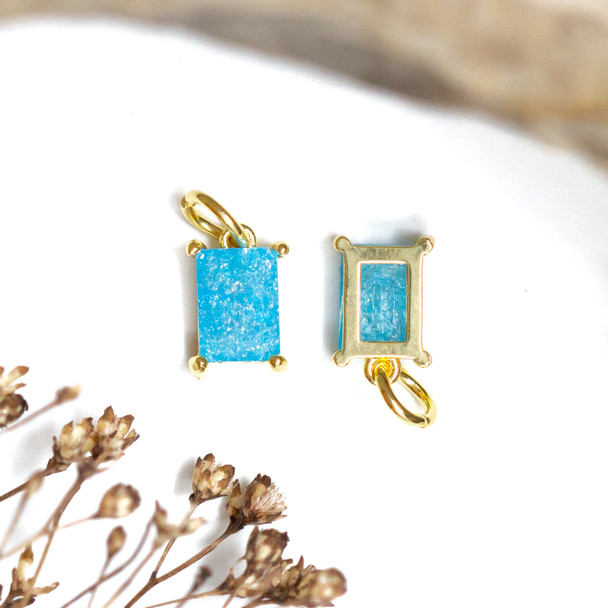 Gold Plated Micro Pave 10x6mm Blue Rectangle Charm