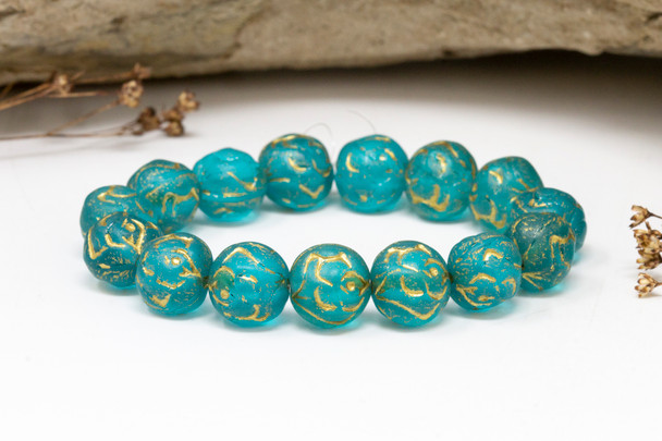 Czech Glass 10mm Round Rose Beads - Turquoise with Gold Wash