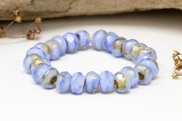 Czech Glass 6x9mm Large Hole Roller Rondelle Beads - Transparent Blue with Gold Lining