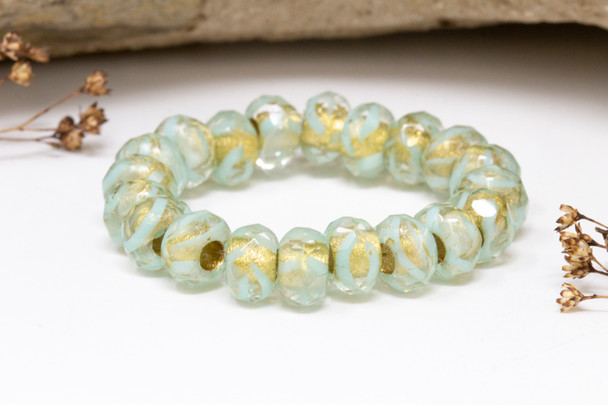 Czech Glass 6x9mm Large Hole Roller Rondelle Beads - Blue Green with Gold Lining