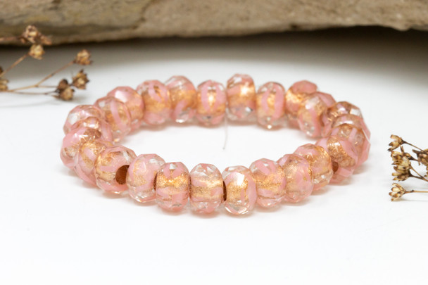 Czech Glass 6x9mm Large Hole Roller Rondelle Beads - Medium Pink with Copper Lining