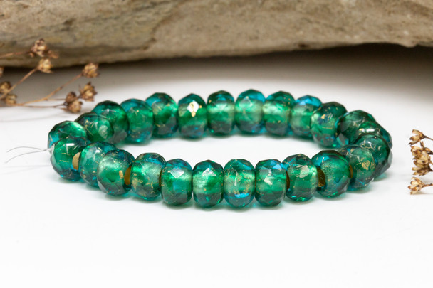 Czech Glass 6x9mm Large Hole Roller Rondelle Beads - Emerald with Gold Lining