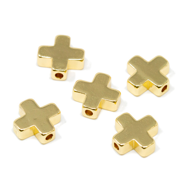 18K Gold Plated 9mm Square Cross Anti Tarnish - 5 Beads
