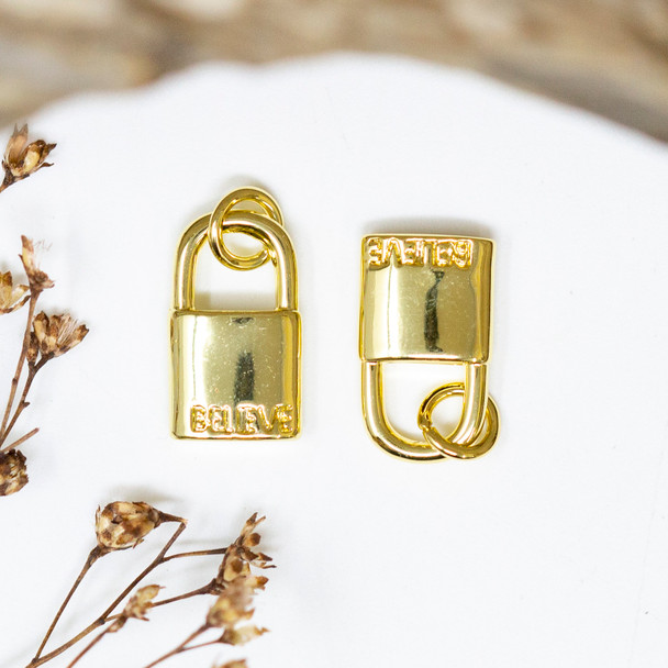 14K Gold Plated 14x8mm Believe Lock Charm