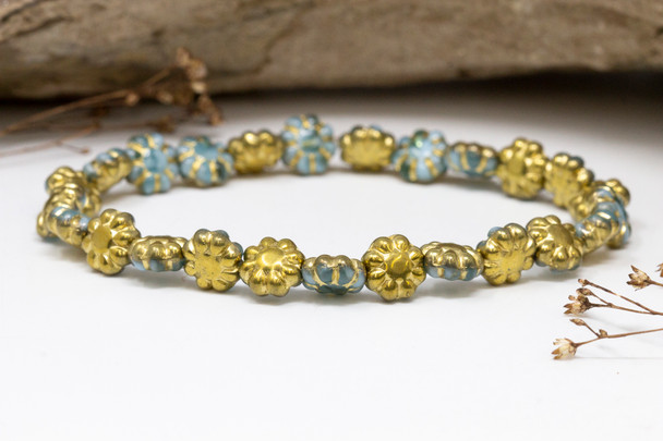 Czech Glass 9mm Cactus Flower - Sky Blue with Gold Finish Gold Wash
