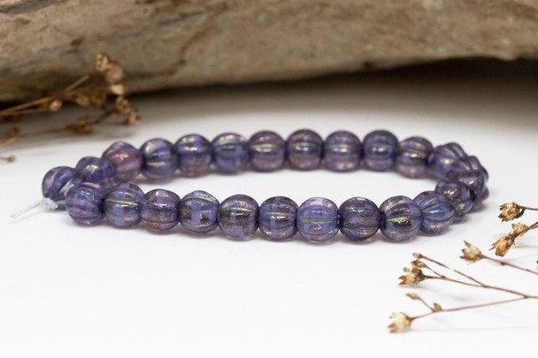 Czech Glass 6mm Large Hole Melon Beads - Grape Golden Lust Purple Wash