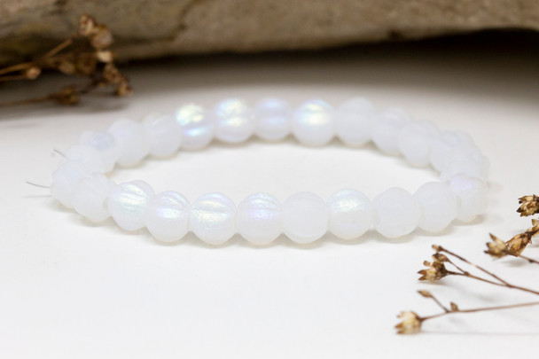 Czech Glass 6mm Large Hole Melon Beads - White Etched AB Finish