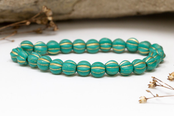 Czech Glass 6mm Large Hole Melon Beads - Matte Sea Green Gold Wash