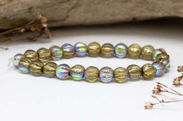 Czech Glass 6mm Large Hole Melon Beads - Gold AB Finish Gold Wash