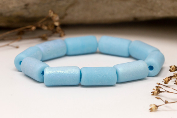 Czech Glass 14x7mm Large Hole Tube Beads - Baby Blue with Etched Finishes