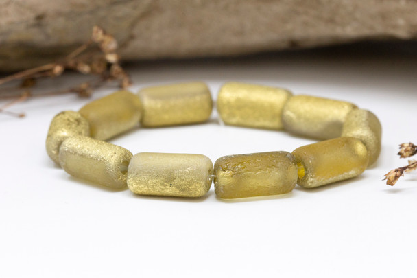 Czech Glass 14x7mm Large Hole Tube Beads - Pale Yellow with Etched Gold Finishes
