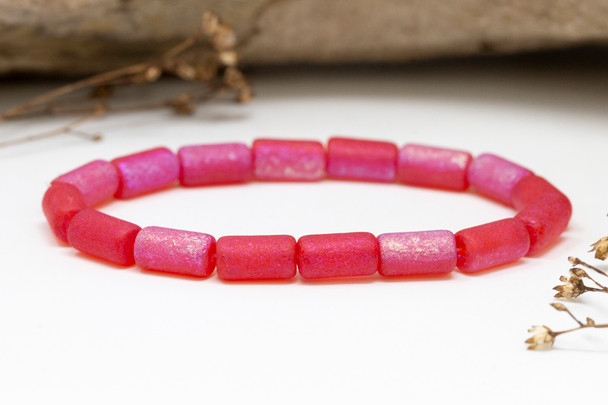 Czech Glass 9x5mm Tube Beads - Scarlet Red with AB Etched Finishes