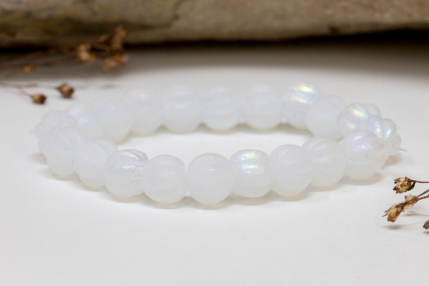 Czech Glass 8mm Large Hole Melon Beads - White Etched with AB Finishes