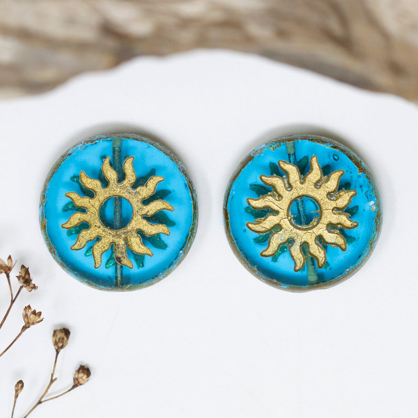 Czech Glass 22mm Sun Coin - Pacific Blue with Gold Wash