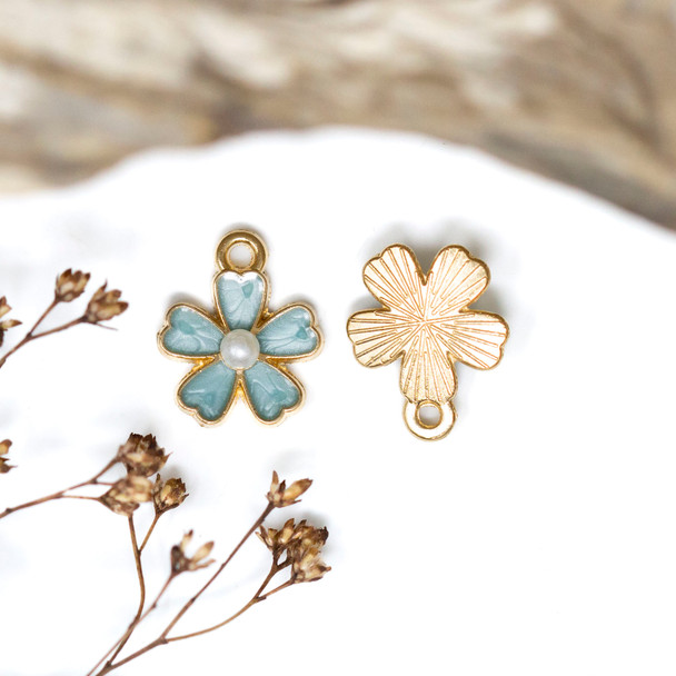 Gold Plated Enamel Imitation Pearl 14x11mm Aqua Sakura Flower Charm