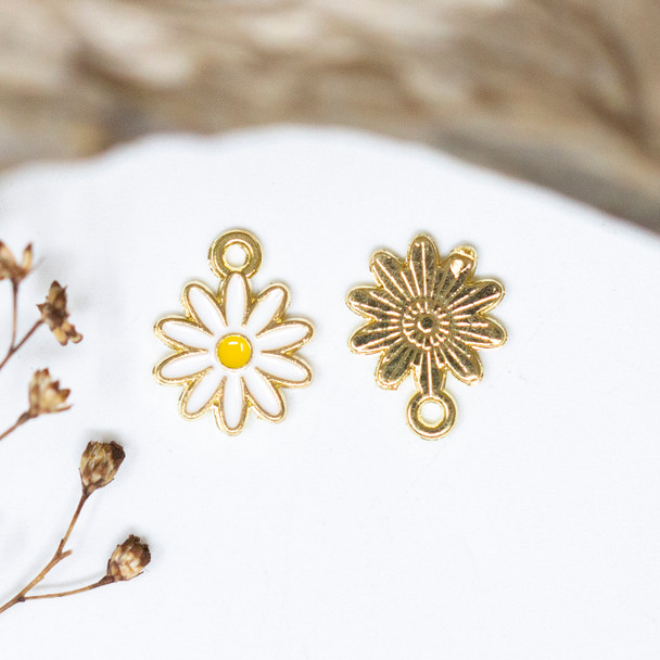 Gold Plated Enamel 13x9mm White Daisy Flower Charm