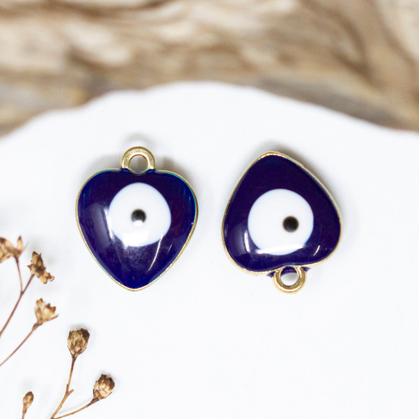 Gold Plated Enamel 16x14mm Navy Evil Eye Heart Charm