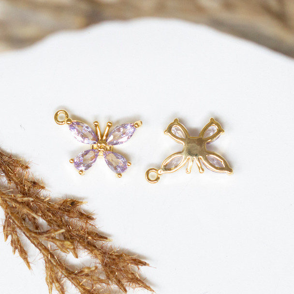 Gold Plated Micro Pave Lilac 10.5x15mm Butterfly Charm