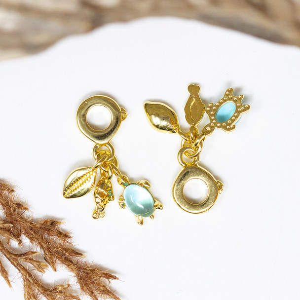 Gold Plated Micro Pave 25mm Blue Turtle Shell, Fish and Ring Charm
