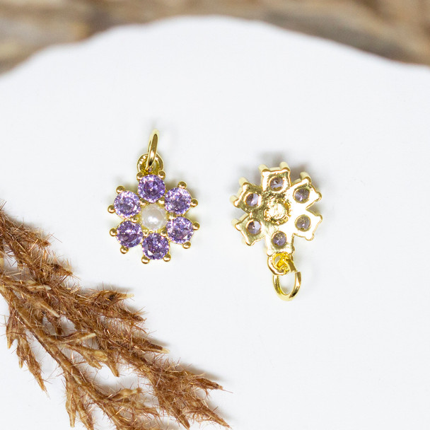 Gold Plated Micro Pave 10.5mm Purple Pearl Flower Charm