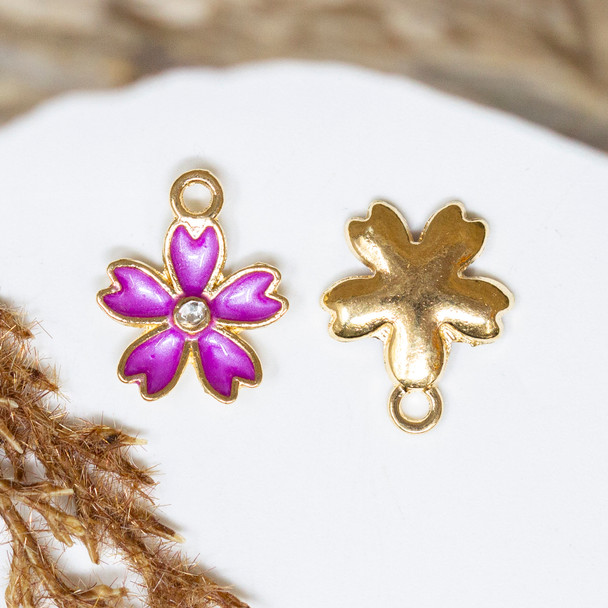 Gold Plated Micro Pave 17x14mm Purple Sakura Flower Charm