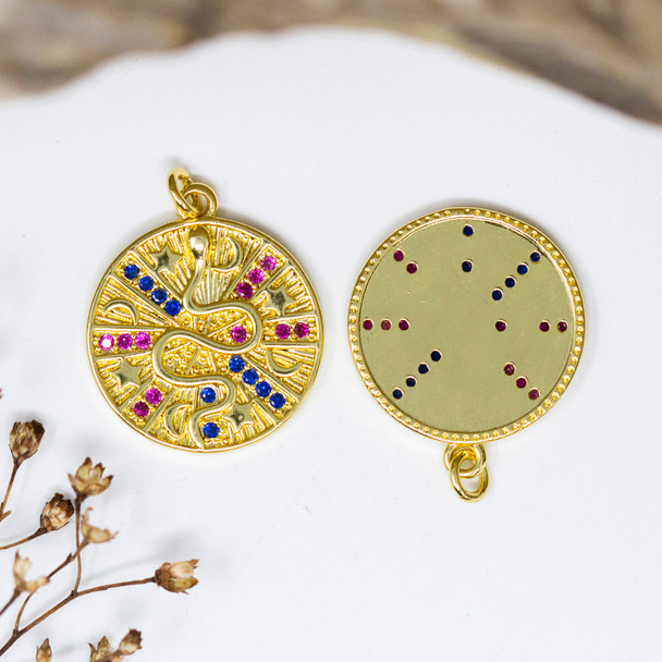 Gold Plated Micro Pave 18mm Red and Pink Snake, Star, and Moon Coin Charm