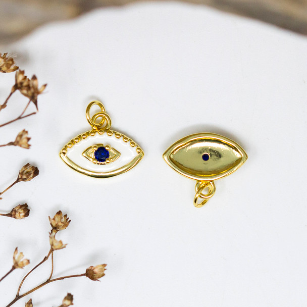 Gold Plated Micro Pave Enamel 10x13mm Blue and White Eye Charm