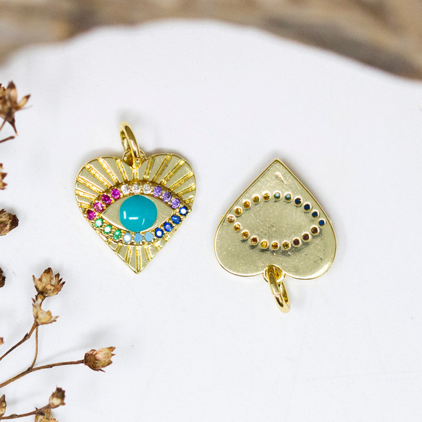 Gold Plated Micro Pave 13mm Multi Color Heart Eye Charm