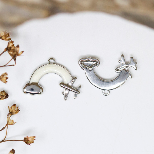 Silver Plated Enamel 11x16mm White Plane & Cloud Charm