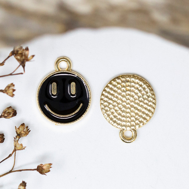 Gold Plated Enamel 12mm Black Smiley Charm