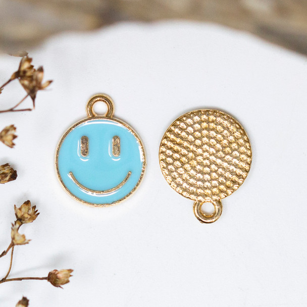 Gold Plated Enamel 12mm Aqua Smiley Charm