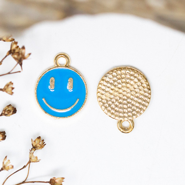 Gold Plated Enamel 12mm Blue Smiley Charm