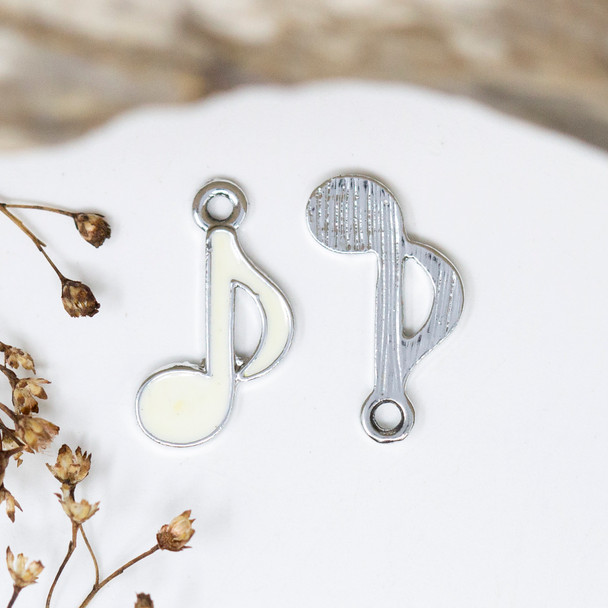 Silver Plated Enamel 12x20mm White Musical Note Charm