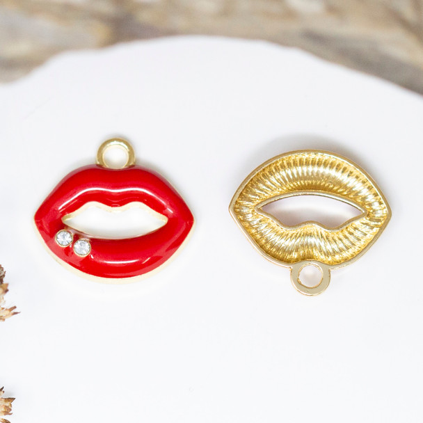 Gold Plated Micro Pave Enamel 15x17mm Red Lips Charm