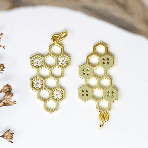 Gold Plated Micro Pave 23x11mm Honeycomb Charm