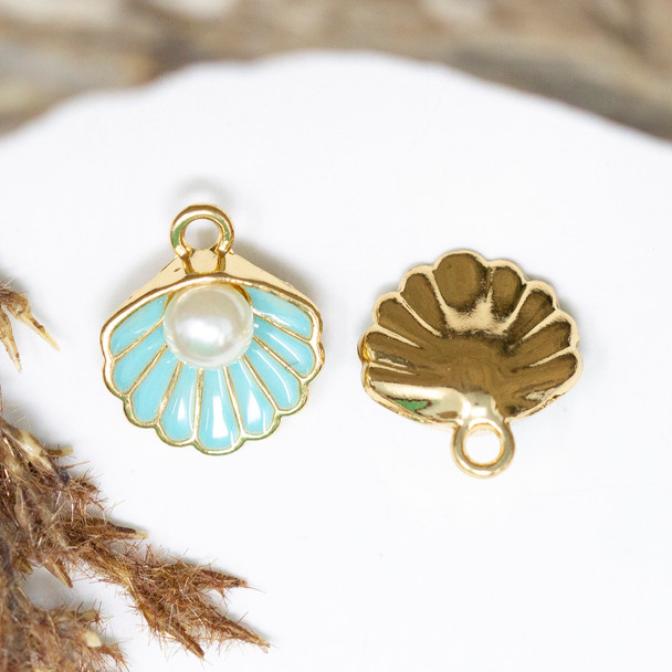 Gold Plated Enamel 15mm Blue Pearl Shell Charm
