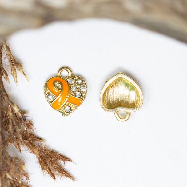 Gold Plated Micro Pave Enamel 9.5x11mm Orange Ribbon Charm