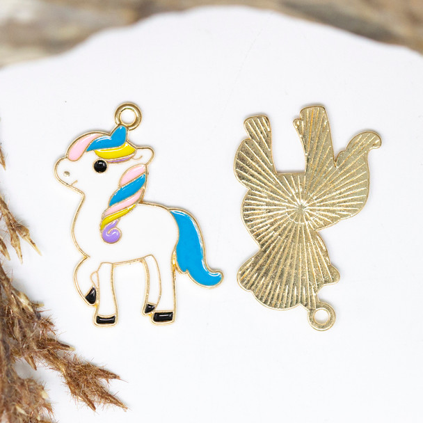 Gold Plated Enamel 31x23mm White Horse Pendant