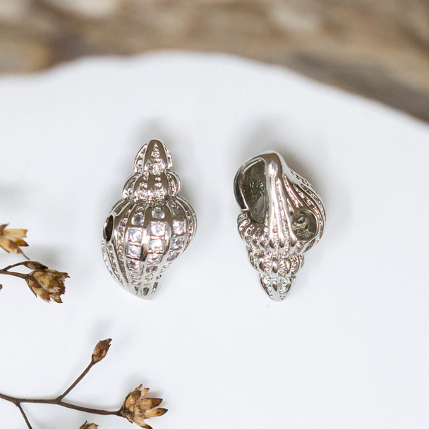 Silver Plated Micro Pave 13x7mm Conch Shell Bead