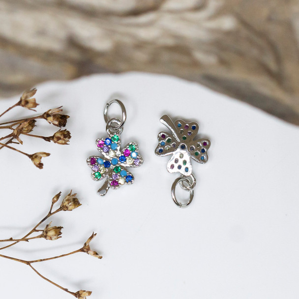Silver Plated Micro Pave 7x12mm Multi Color 4 Leaf Clover Charm