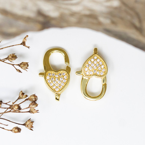 Gold Plated Micro Pave 10x17mm Heart Clasp