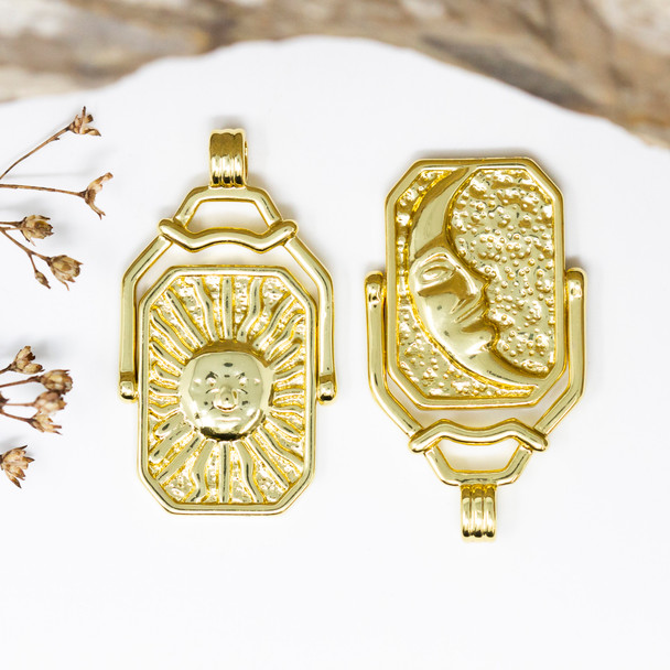 18K Gold Plated 36x21mm 2 Sided Sun Moon Flip Pendant
