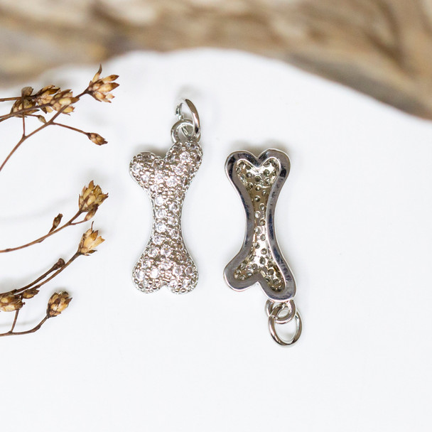 Silver Plated Micro Pave 19x8mm Dog Bone Charm