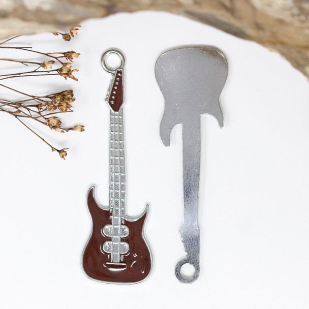 Silver Plated Enamel 62x18mm Brown Electric Guitar Pendant